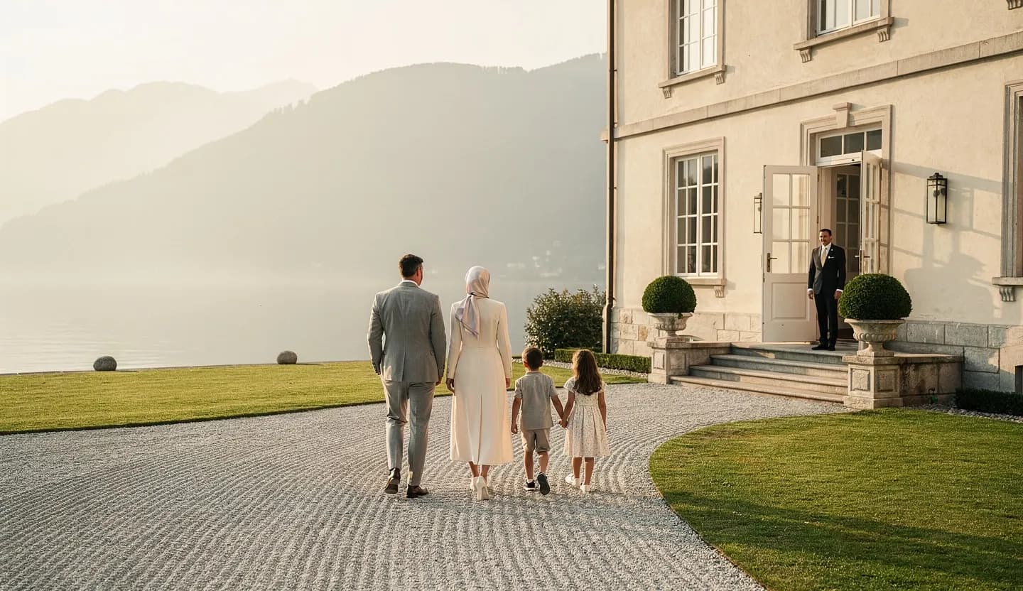 A family walking towards a lakeside house.
