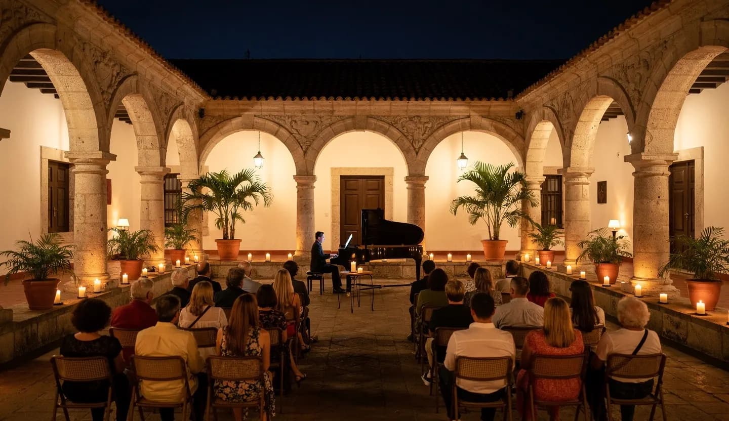 An evening recital in an arcaded courtyard lit by lanterns.