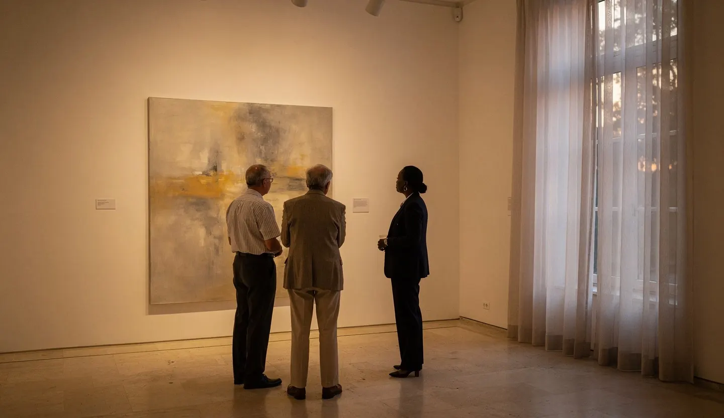Three people looking at a large painting in a quiet gallery.