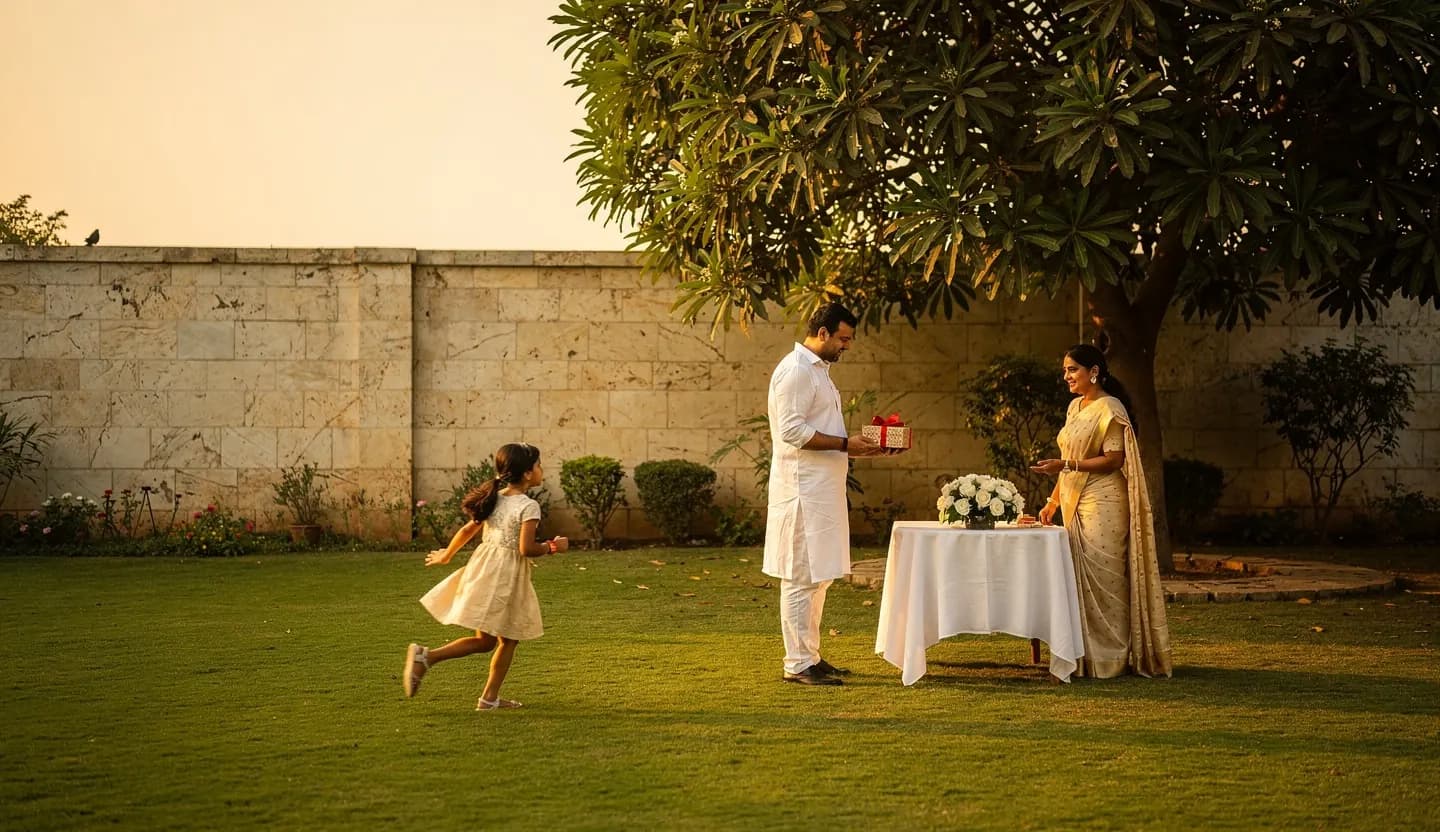 A garden at dusk, a child running towards a laid table.