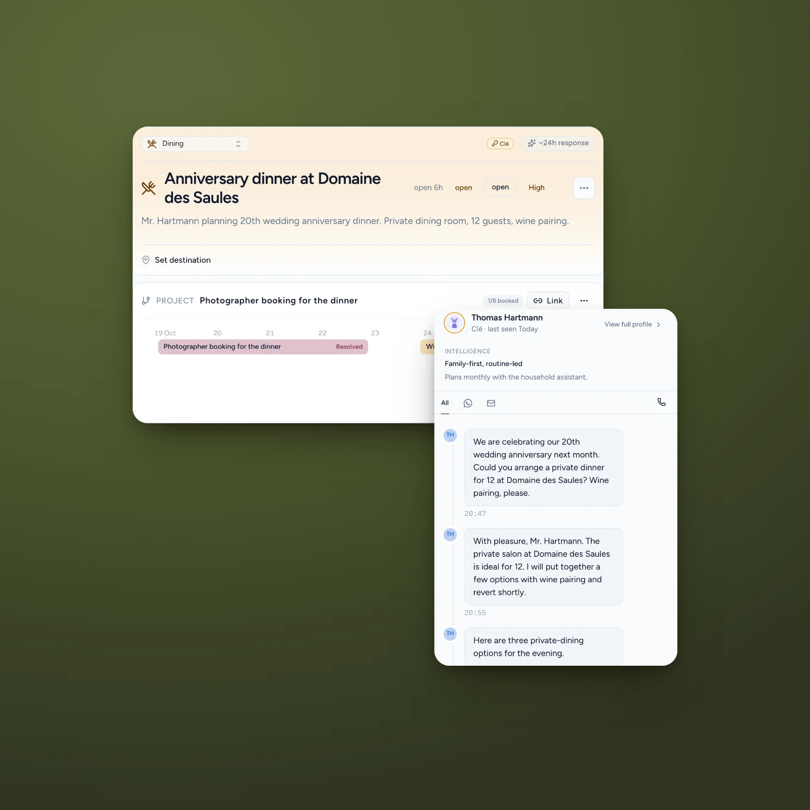 The Black Keys back office: a dining request with its booking timeline, beside the client's WhatsApp conversation with the team.